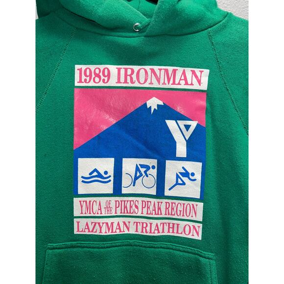 Vintage 1980s Ironman Hoodie 1989 YMCA Pikes Peak Lazyman Green 80s Discus Small - Picture 2 of 10